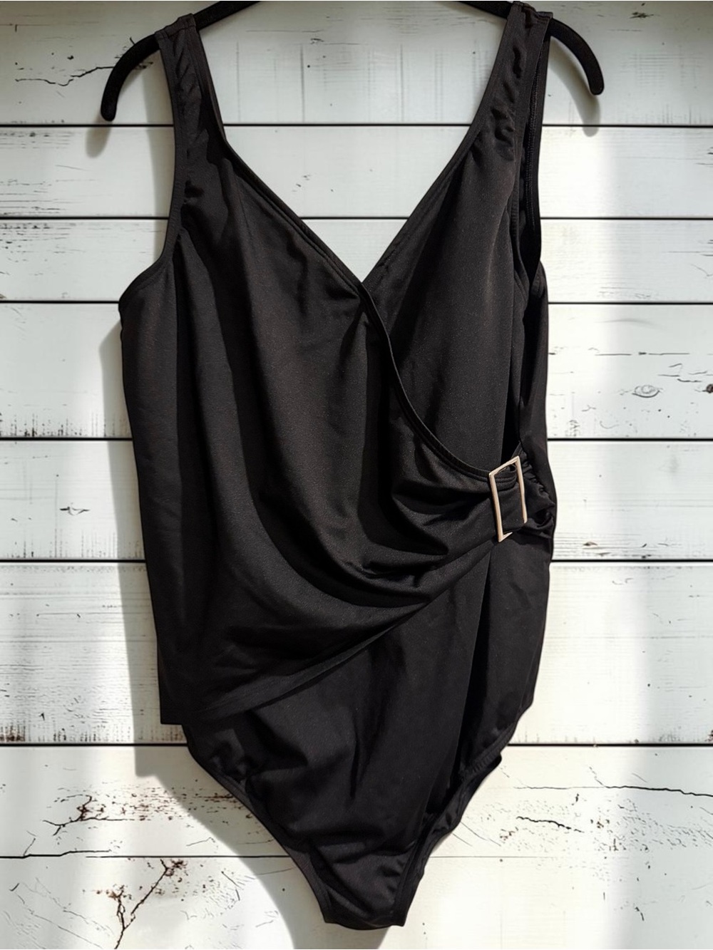 Merona Black One Piece Swimsuit Sz 20W Faux Wrap Buckle Slimming Plus
